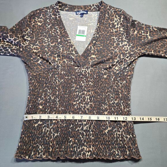 Freshman 1996 Long Sleeve Leopard Print Shirt Womens Size Large Brown V-Neck Top - Picture 7 of 11